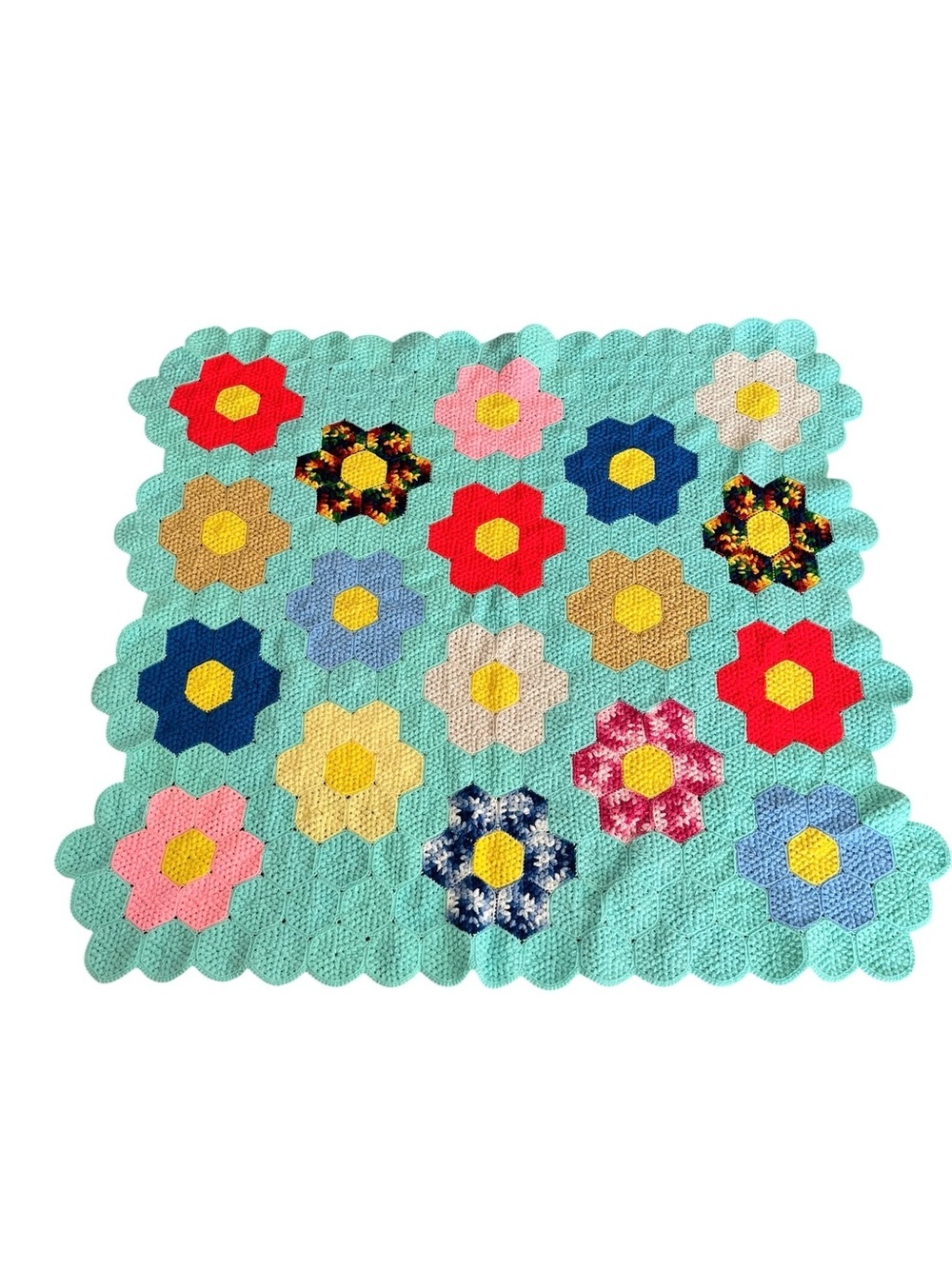 Handmade Granny Square Floral Afghan Knit Blanket Rainbow Teal